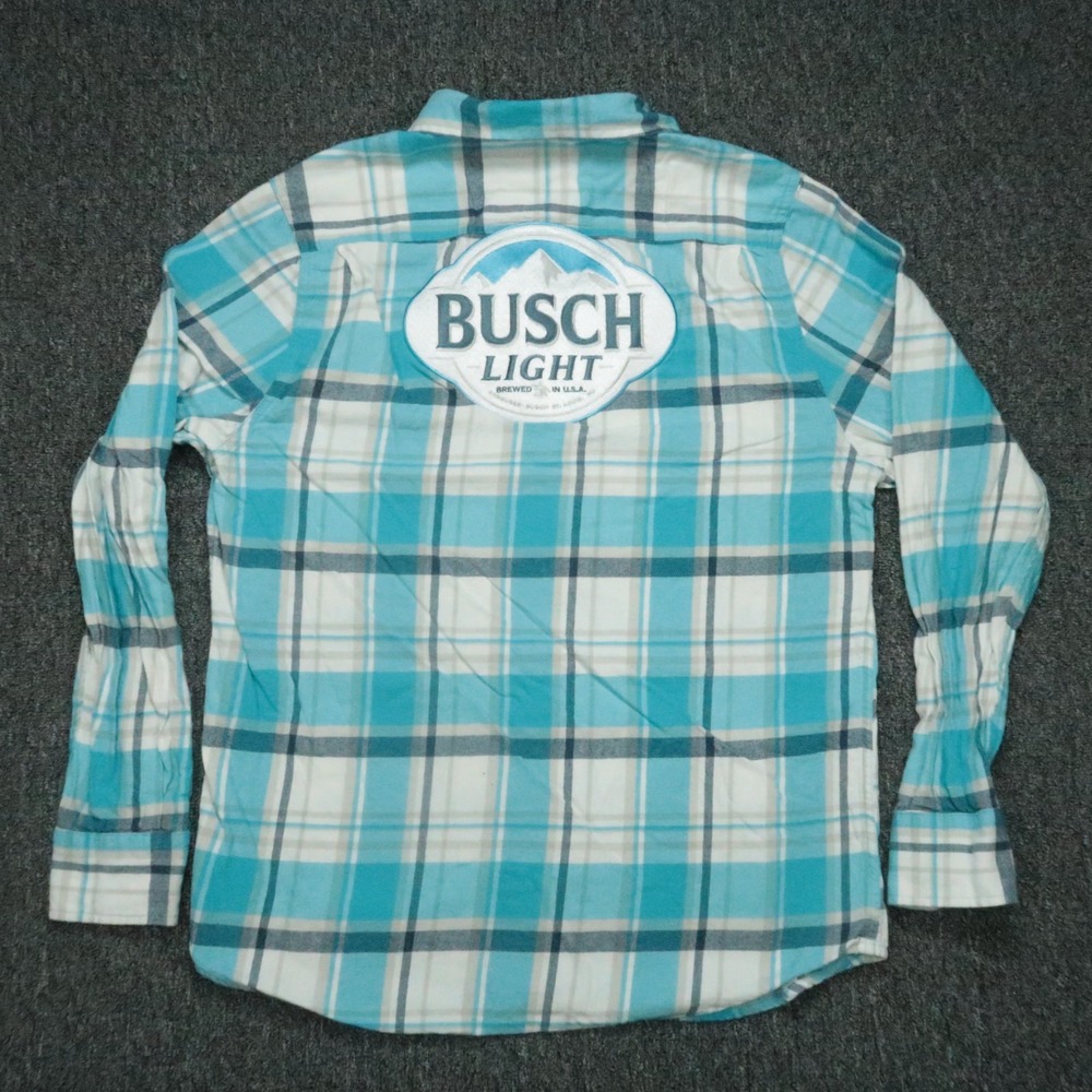 Angry‎ Minnow Shirt Mens Large Blue White Plaid Busch Light Beer Flannel